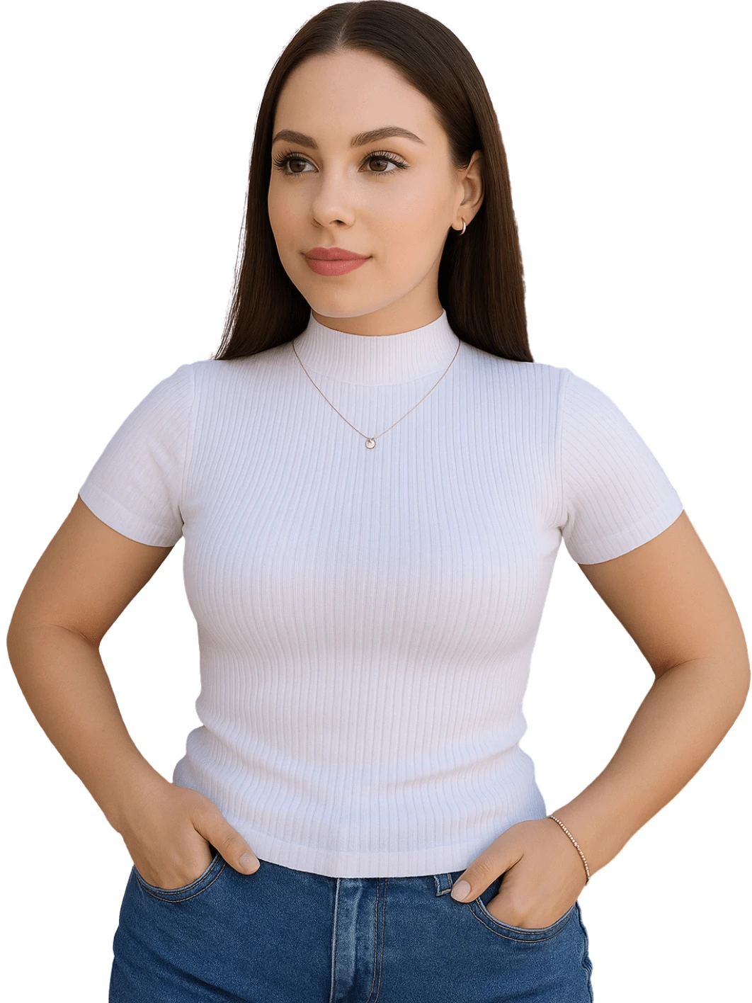 Women's Ribbed Turtleneck Short Sleeve Blouse - Blanco - Ver 1