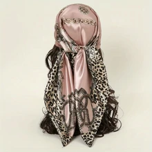 90 Square Scarf, New Style Headscarf, Leopard Print Chain Decoration, Satin Silk Scarf, Versatile And Multi-Purpose Imitation Silk Scarf