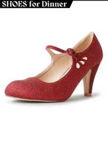 Women Cutout Mary Jane Mid Heels – Round Almond Toe Vintage Cone Heel Pumps With Ankle Strap For Spring Summer Weddings, Parties, Bridesmaids, Office & Everyday Wear [Size Up Half Size] - 紅色閃光 - 查看 1