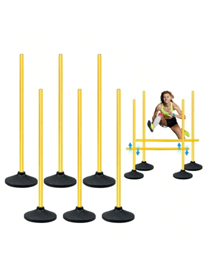 El equipo de entrenamiento de agilidad consta de seis barras flexibles de 140 cm, seis bases de goma de 1 kg para entrenamiento de velocidad y fútbol americano, y conos de fútbol americano para jugadores de baloncesto.