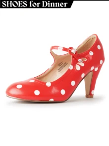 Women Cutout Mary Jane Mid Heels – Round Almond Toe Vintage Cone Heel Pumps With Ankle Strap For Spring Summer Weddings, Parties, Bridesmaids, Office & Everyday Wear [Size Up Half Size] - Chấm bi đỏ - Xem 2