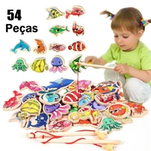 54PCs Pescaria magnética infantil Brinquedo pescaria de madeira  Jogo montessori Interativo Pai-Filho