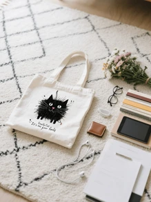 1pc Fashion "Smelly Cat" Printed Canvas Women's Handbag Shoulder Bag Tote Bag - Large Single Shoulder Handbag With Fixed Strap, Perfect For Shopping, Beach, Work, Travel, Fitness, Grocery And Outdoor Activities, Beach Tote Bag | Playful Printed Tote Bag | Sturdy Handle Handbag, Back To School Gift, Graduation Gift, Birthday Gift, Thanksgiving Gift, Teacher Gift, Christmas Gift, New Year Gift, First Choice Gift, Washable And Reusable