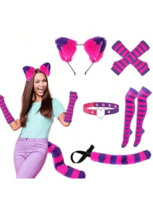 Rose Pink And Purple Striped Cat Costume 5-Piece Set, Including Cat Ears, Striped Gloves And Leg Socks, Heart Collar, Furry Tail, Prom Party Dress Up Cos Suit