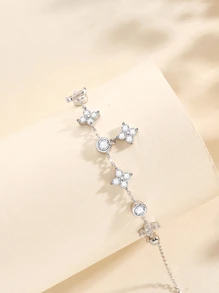 1pc 925 Silver Cute & Fresh Zirconia Four-Leaf Clover Charm Anklet, Best Accessory For Women Going Out, Beach, Vacation