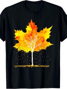 Black Autumn Leaf Print Loose T-Shirt, Leaf Pattern Shows Autumn Vibes, 100% Cotton Material, Daily Comfortable T-Shirt, Printed Round Neck Design, Loose Fit, Plus Size Available, Machine Washable, Suitable For All Seasons. - Black - View 1