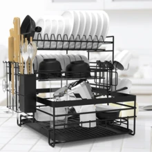3 Tier Dish Drainer Rack With Drip Tray Cutlery Holder Plate Rack Kitchen Sink BLACK - 黑色 - 查看 5