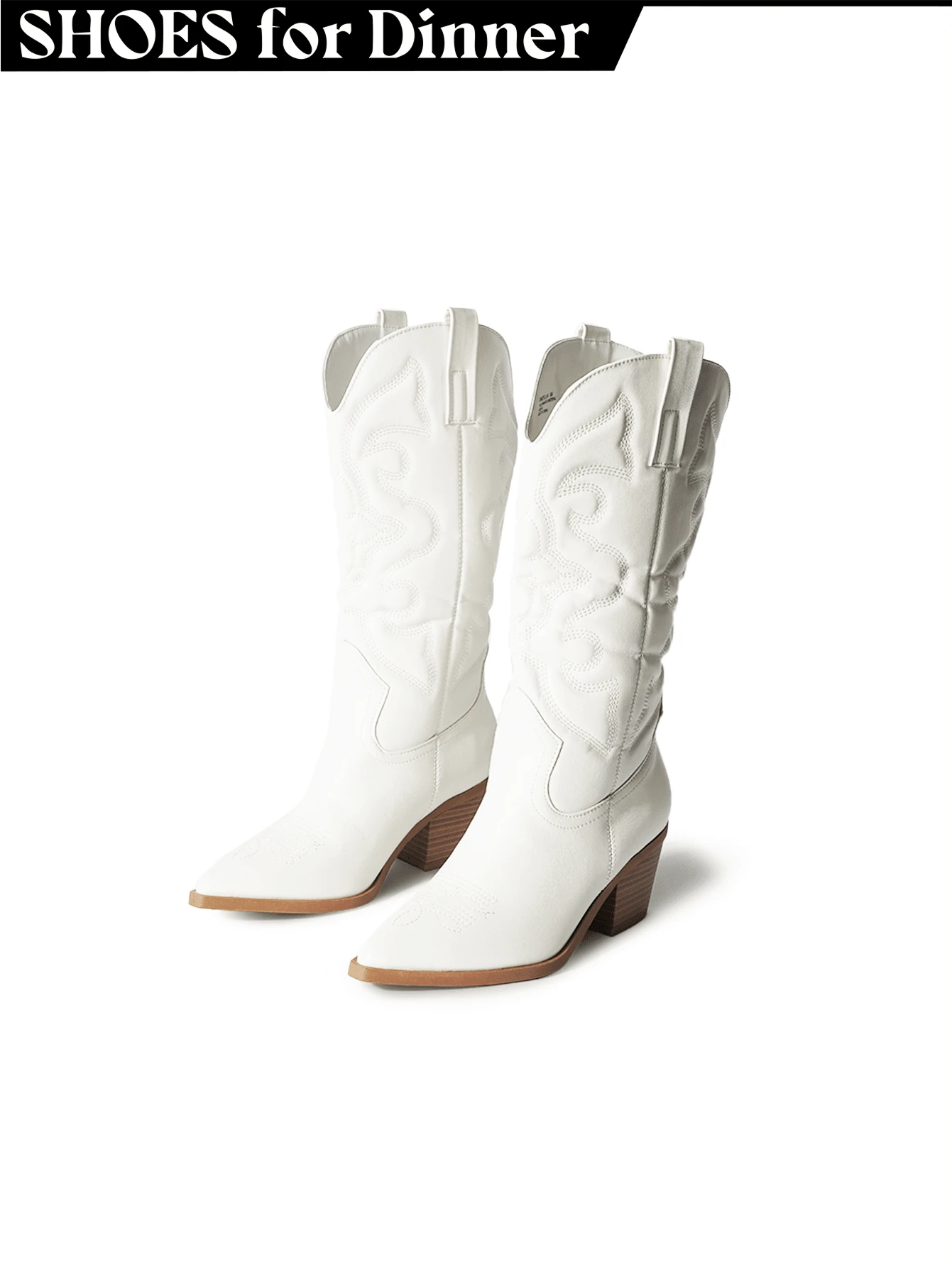 Women Western Cowboy Boots – Embroidered Mid-Calf Chunky Heel Cowgirl Boots With Side Zipper Stylish Comfortable Suede Fall/Winter Boots For Country Concert, Rodeo, Nashville Trip, Festival & Daily Wear [Size Up Half Size] - 白色PU - 查看 1