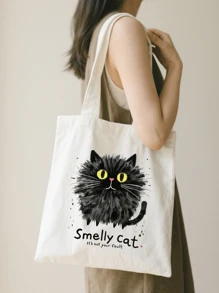 1pc Fashion "Smelly Cat" Printed Canvas Women's Handbag Shoulder Bag Tote Bag - Large Single Shoulder Handbag With Fixed Strap, Perfect For Shopping, Beach, Work, Travel, Fitness, Grocery And Outdoor Activities, Beach Tote Bag | Playful Printed Tote Bag | Sturdy Handle Handbag, Back To School Gift, Graduation Gift, Birthday Gift, Thanksgiving Gift, Teacher Gift, Christmas Gift, New Year Gift, First Choice Gift, Washable And Reusable