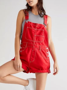 Women Summer Denim Bib Overalls Jumpsuits Adjustable Straps Romper With Pocket Casual Rolled Cuff Shortalls Streetwear - Red - View 2