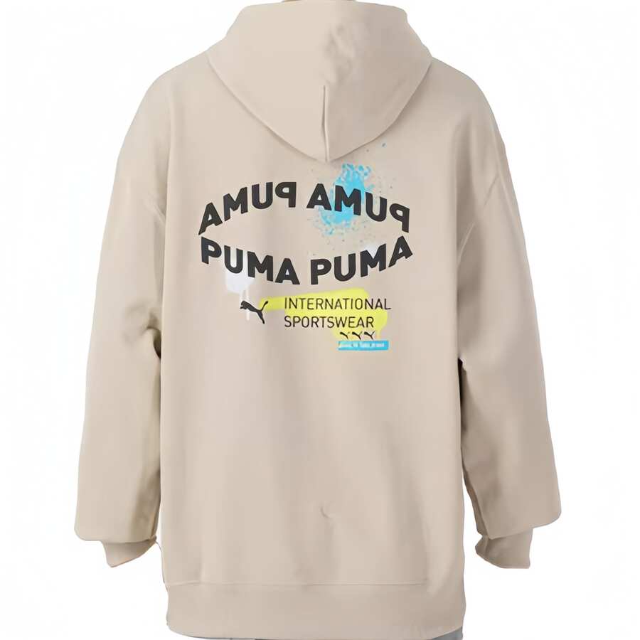 Puma Hooded Sweatshirt, Loose Fit Long Sleeve Pullover - Khaki - View 1