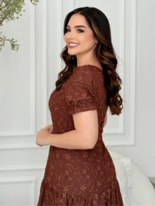 Lese Cotton Mesh Midi Dress Square Neckline Party Wedding - Rust Brown - View 3