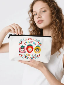 1pc Strawberry Cute Girl Canvas Storage Bag Cosmetic Bag Snack Bag Charging Cable Storage Bag Coin Purse Handbag, Daily Necessities Storage Bag, Travel Storage Bag, School Supplies Storage Bag, Sundries Storage, Car Storage, Sanitary Napkin Storage Bagtravel Essentials For Vacation Summer Holiday Back To School School Stuff Bag For School Travel Bag For Women Makeup Bag For Travel