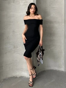 OYGA Vestido minifalda ajustado de punto acanalado de cuello redondo de unicolor para mujer