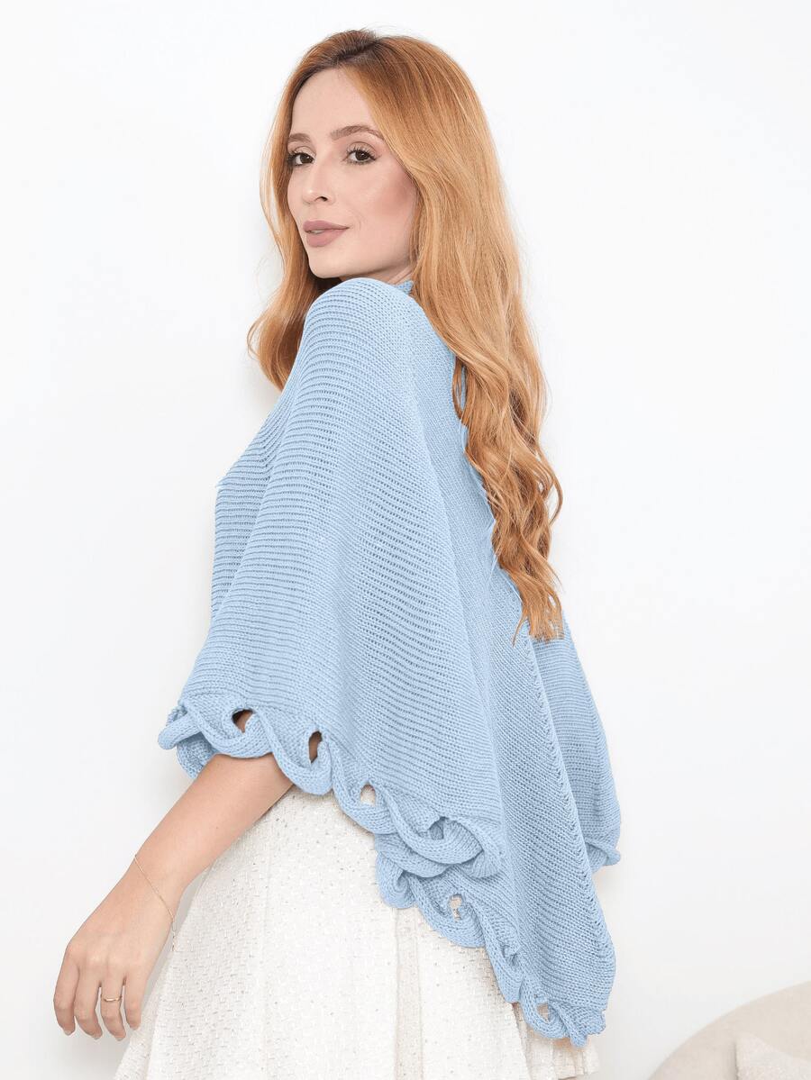 Knitted Poncho With Wave Detail - 霧霾藍 - 查看 1