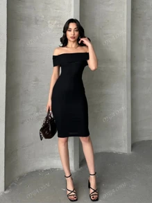 OYGA Vestido minifalda ajustado de punto acanalado de cuello redondo de unicolor para mujer
