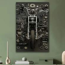 1PC Optional Frame Canvas Posters - Detailed Motorcycle Parts Drawing Art Decoration - Red Chopping Motorcycle With Realistic Metal Parts - Home Decoration Wall Arts, Perfect Wall Decoration - Ideal Gift For Mechanicians And Motorcycle Enthusiasts