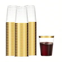 25 piezas Copas de plástico doradas de 7oz/210ml, Copas de vino de plástico transparente con borde dorado elegante de 7oz, Vasos para fiestas, Vasos para bebidas, Vasos de cóctel de plástico, Vasos dorados, Lavar a mano [Vasos reutilizables]