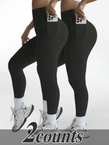 2 piezas Pantalones pitillo de mujer de un solo color con bolsillos, mallas, sencillo y casual - Negro - Ver 1