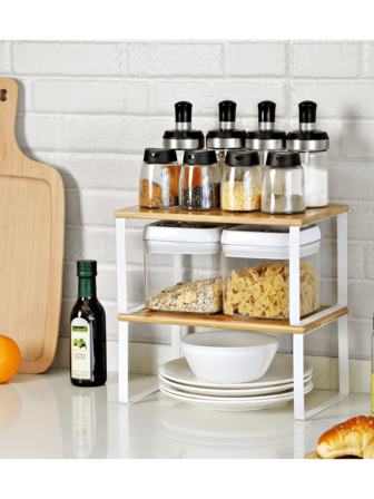 Scaffale organizzatore - Set di scaffali organizzatori versatili per cucina e ufficio - Soluzione di stoccaggio espandibile e impilabile per porta spezie, scrivanie e altro - Design in metallo durevole e legno ingegnerizzato