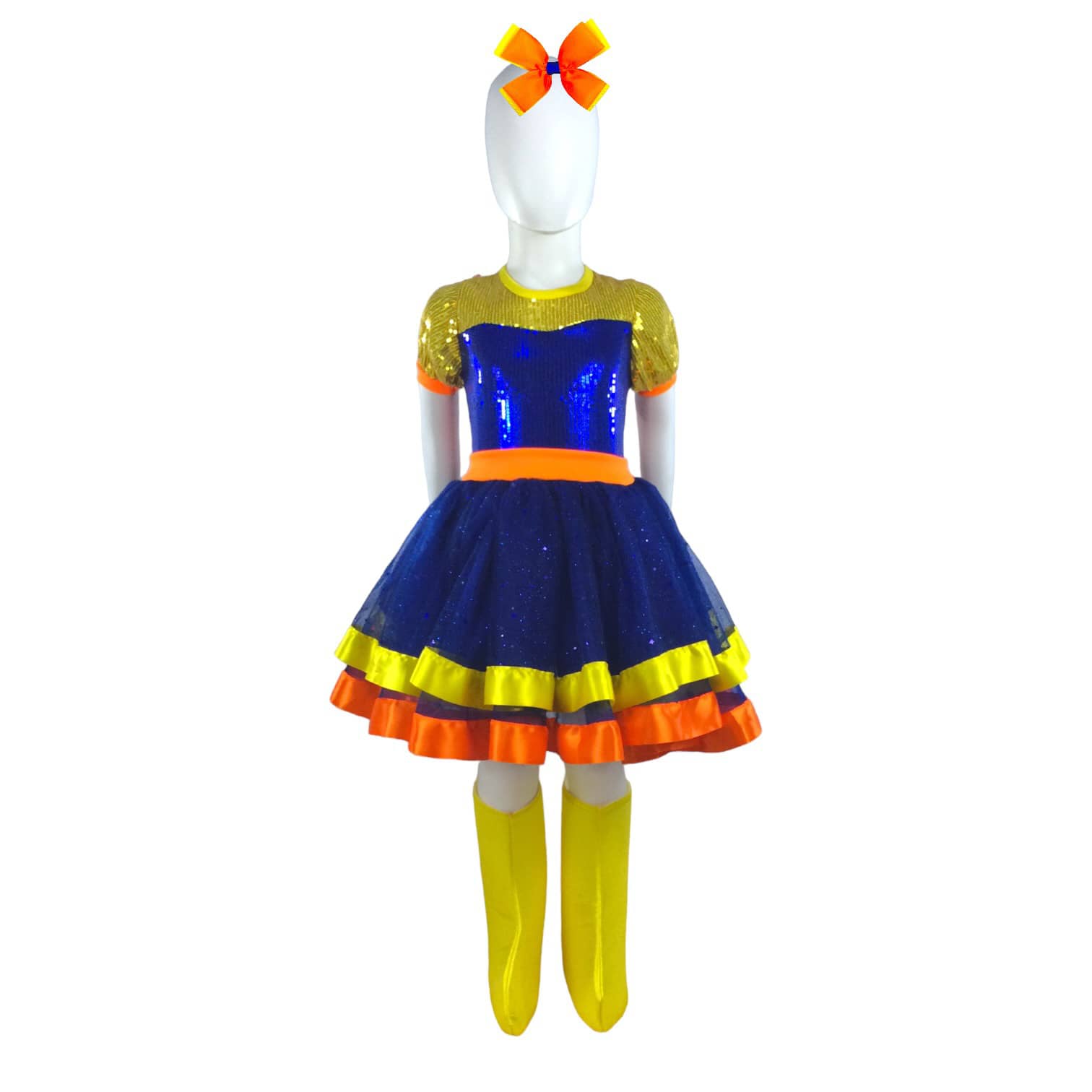 bonito vestido para niña tricolor con botas y moño de lentejuela para lucir un estilo dulce - dorado/azul - Ver 1