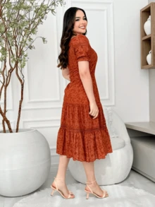 Lese Cotton Mesh Midi Dress Square Neckline Party Wedding - Terracotta - View 2
