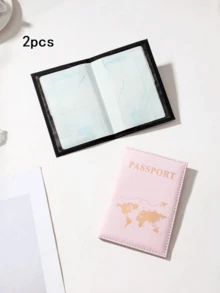 2PCS PU Couple Travel Passport Holder Travel Document Storage Set Creative Passport Holder And Ticket Holder Suitable For Holiday Travel Protection, Suitable For Travel Storage Bags, Bosmetic Bags, Makeup Bags, Vacation Storage Bags, Large-Capacity Cosmetic Storage Boxes, Makeup Boxes, Suitable For Lipsticks, Brushes, Skin Care Products - Multicolor - View 2