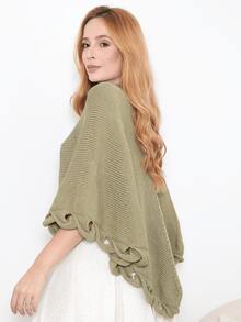 Knitted Poncho With Wave Detail - Verde Oliva - Ver 5