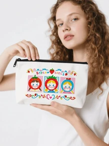 1pc Strawberry Cute Girl Canvas Storage Bag Cosmetic Bag Snack Bag Charging Cable Storage Bag Coin Purse Handbag, Daily Necessities Storage Bag, Travel Storage Bag, School Supplies Storage Bag, Sundries Storage, Car Storage, Sanitary Napkin Storage Bagtravel Essentials For Vacation Summer Holiday Back To School School Stuff Bag For School Travel Bag For Women Makeup Bag For Travel
