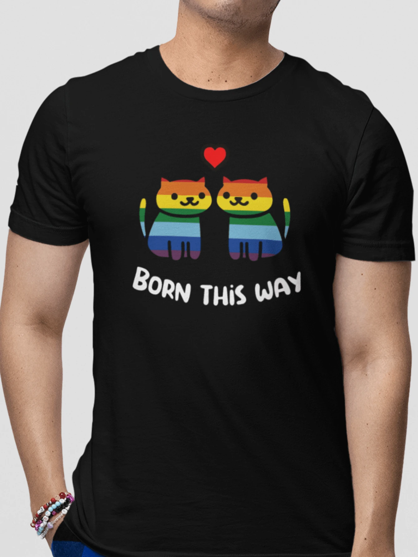 Playera de Caballero Diseño LGBT Gatitos "Born This Way" Pride - Negro - Ver 1