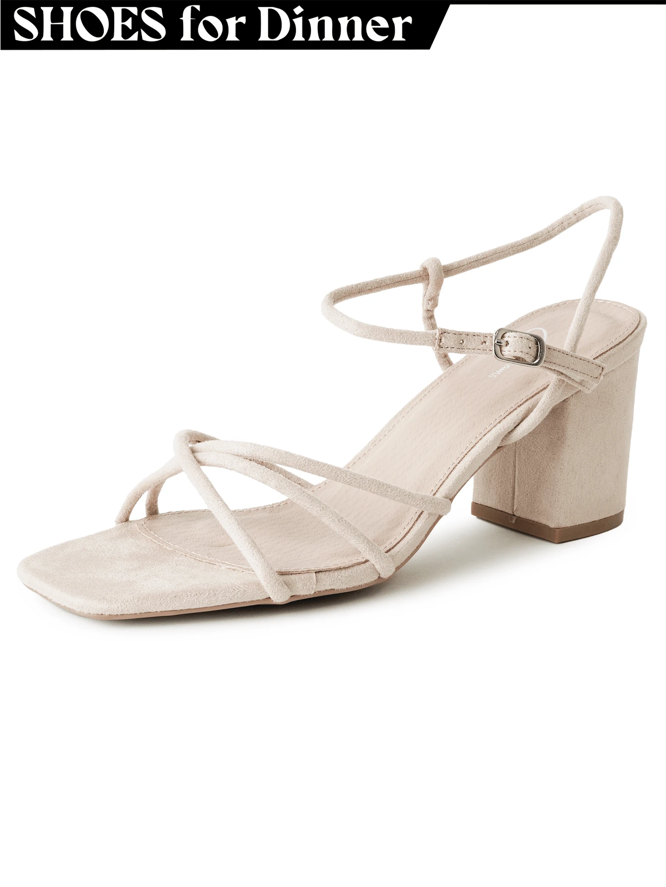 Women Strappy Square Toe Chunky Block Mid Heel Sandals – Cute Elegant Buckle Strap Heels For Spring/Summer Weddings, Bridesmaid, Date Night, Party, Prom & Business Casual Wear [Size Up Half Size] - Da lộn thuần chay màu khỏa thân - Xem 1