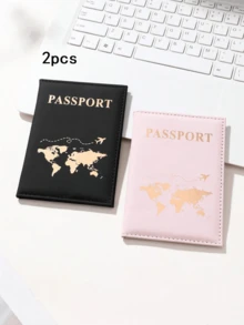 2PCS PU Couple Travel Passport Holder Travel Document Storage Set Creative Passport Holder And Ticket Holder Suitable For Holiday Travel Protection, Suitable For Travel Storage Bags, Bosmetic Bags, Makeup Bags, Vacation Storage Bags, Large-Capacity Cosmetic Storage Boxes, Makeup Boxes, Suitable For Lipsticks, Brushes, Skin Care Products - Multicolor - View 4