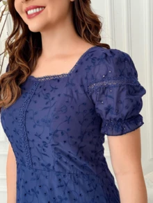 Lese Cotton Mesh Midi Dress Square Neckline Party Wedding - Navy Blue - View 4