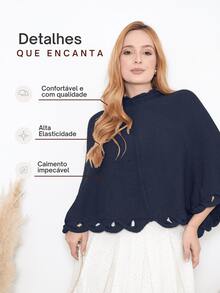 Knitted Poncho With Wave Detail - 藏蓝色 - 查看 2