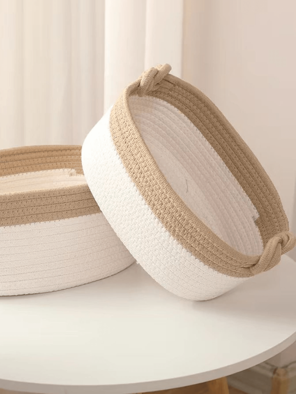 1pc Handmade Woven Storage Basket, Japanese Style Cotton Rope Weaved Desktop Organizer Box For Toys, Snacks And Small Items