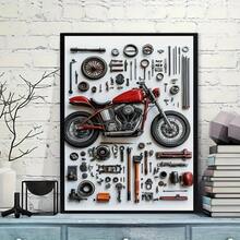 1PC Optional Frame Canvas Posters - Detailed Motorcycle Parts Drawing Art Decoration - Red Chopping Motorcycle With Realistic Metal Parts - Home Decoration Wall Arts, Perfect Wall Decoration - Ideal Gift For Mechanicians And Motorcycle Enthusiasts