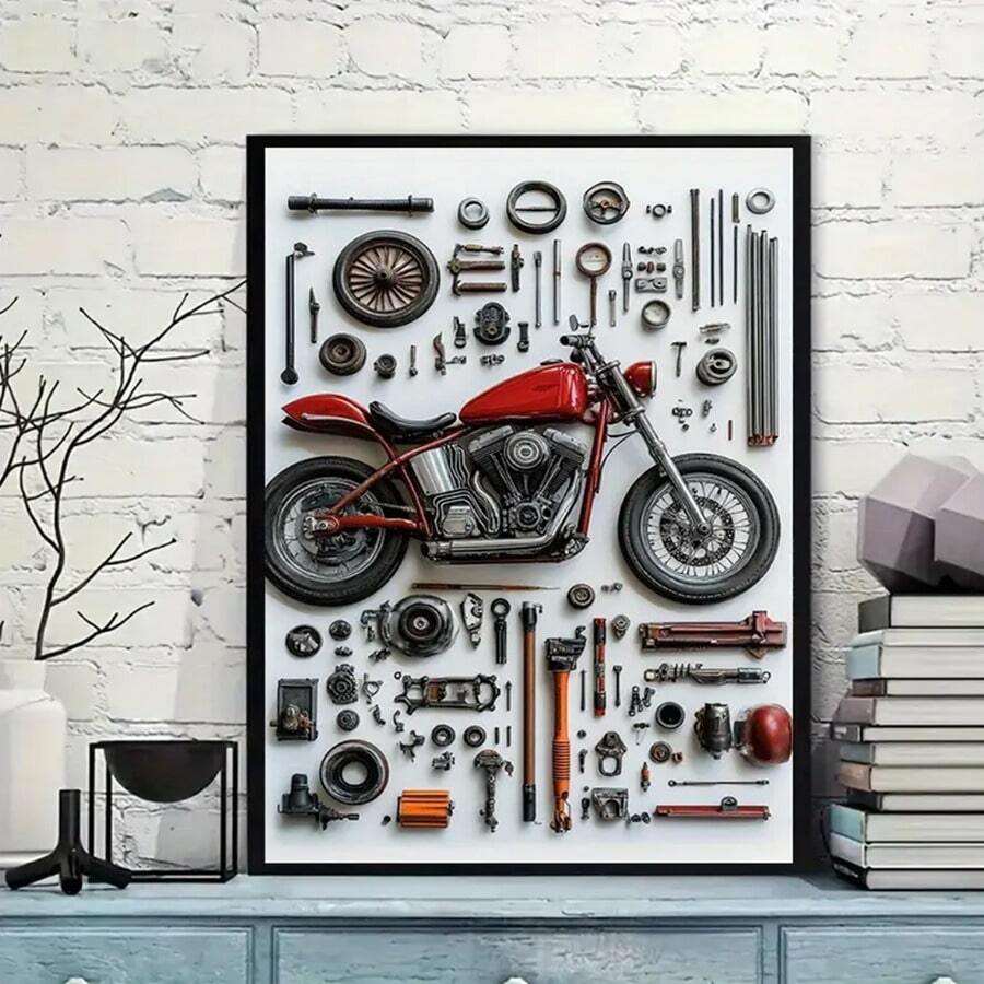 1PC Optional Frame Canvas Posters - Detailed Motorcycle Parts Drawing Art Decoration - Red Chopping Motorcycle With Realistic Metal Parts - Home Decoration Wall Arts, Perfect Wall Decoration - Ideal Gift For Mechanicians And Motorcycle Enthusiasts