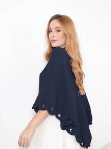 Knitted Poncho With Wave Detail - 藏蓝色 - 查看 3