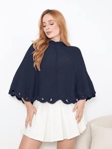 Knitted Poncho With Wave Detail - 藏蓝色 - 查看 1