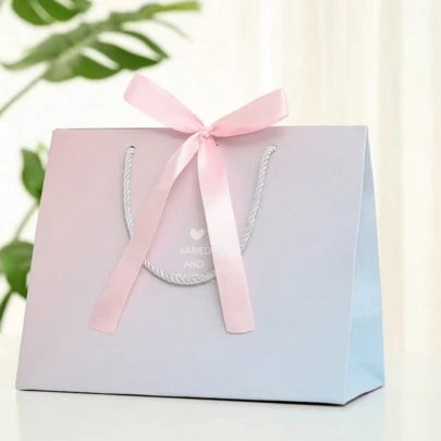 1pc Gift Bag, Macaron Gradient Blue Color Handbag, Cosmetic Packaging Paper Bag With Ribbon Handles