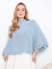 Knitted Poncho With Wave Detail - 霧霾藍 - 查看 6