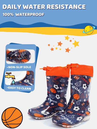 Children's Football Pattern Waterproof Slip-Resistant Rain Boots With Drawstring Closure, Lightweight, Odorless, Easy To Clean, Anti-Slip And Comfortable For Boys' Girls' Outdoor Activiti