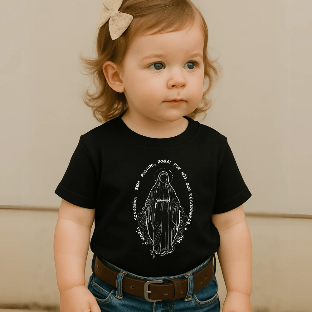 Children's Cotton T-Shirt Print Our Lady Of Graces Catholic Devotional Cute Children's Agro Country Girl Cowgirl - 黑色 - 查看 1
