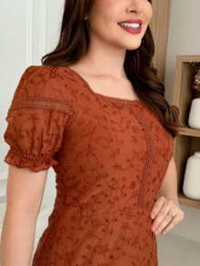 Lese Cotton Mesh Midi Dress Square Neckline Party Wedding - Terracotta - View 4