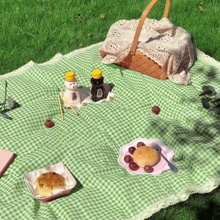 1 pieza Alfombra portátil para picnic y exteriores, material de lino, decoración de cuadros y encaje, accesorio para camping y fotografía