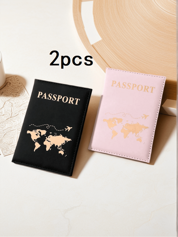 2PCS PU Couple Travel Passport Holder Travel Document Storage Set Creative Passport Holder And Ticket Holder Suitable For Holiday Travel Protection, Suitable For Travel Storage Bags, Bosmetic Bags, Makeup Bags, Vacation Storage Bags, Large-Capacity Cosmetic Storage Boxes, Makeup Boxes, Suitable For Lipsticks, Brushes, Skin Care Products