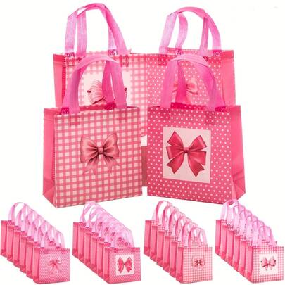 Set de 6/12 bolsas de regalo de tela no tejida reutilizables con estampado de lazos rosados, adecuadas para bodas, fiestas de cumpleaños, regalos, empaque preferido para el Día de la Madre