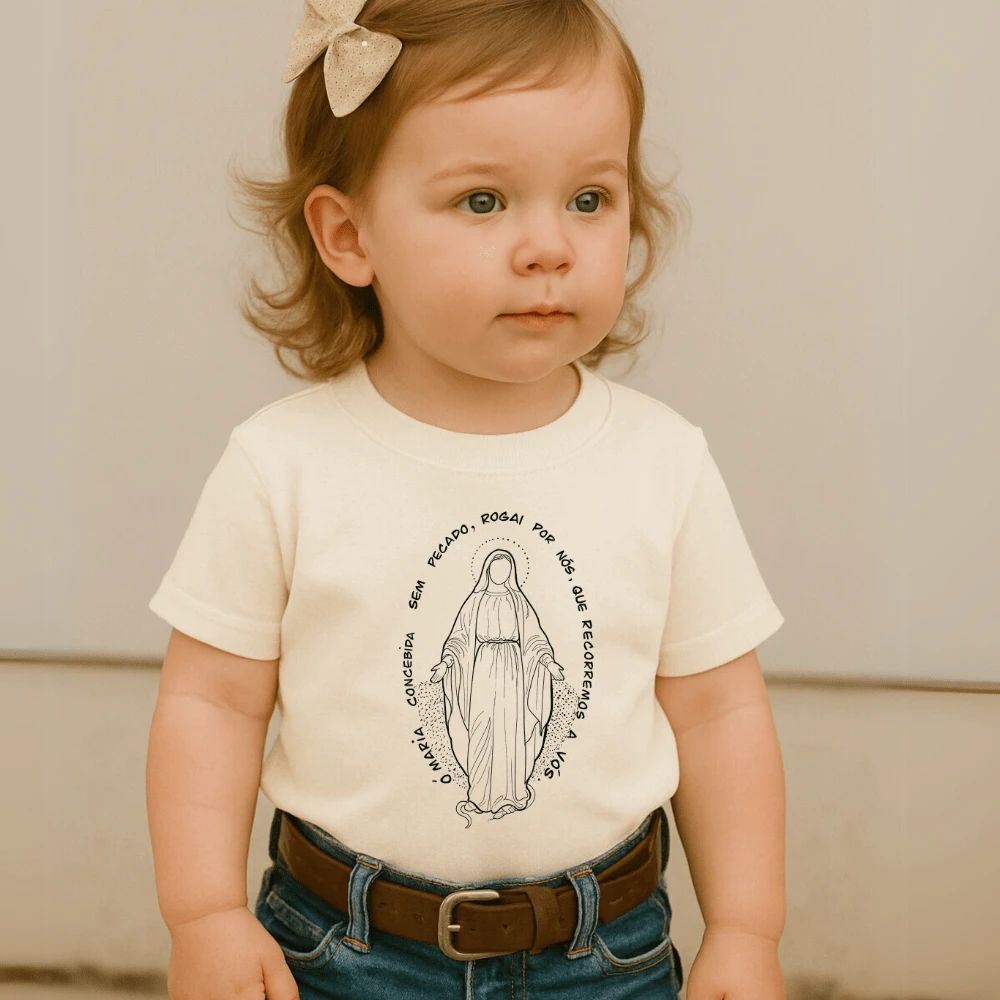 Children's Cotton T-Shirt Print Our Lady Of Graces Catholic Devotional Cute Children's Agro Country Girl Cowgirl - 熄滅(淺黃色) - 查看 1