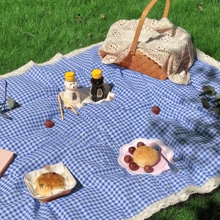 1 pieza Alfombra portátil para picnic y exteriores, material de lino, decoración de cuadros y encaje, accesorio para camping y fotografía