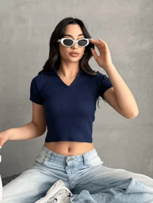 OYGA 女士条纹圆领短袖休闲修身衬衫 - 藏蓝色 - 查看 1